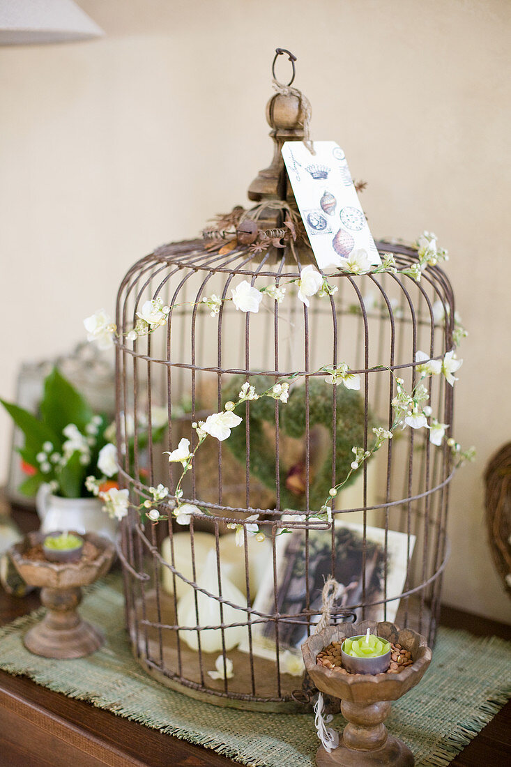 Rusty old birdcage with nostalgic decoration