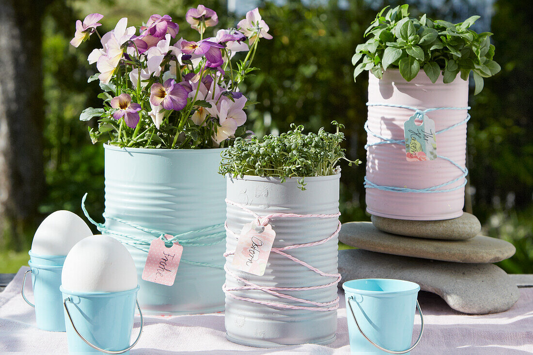 Easter herb pots made from tin cans
