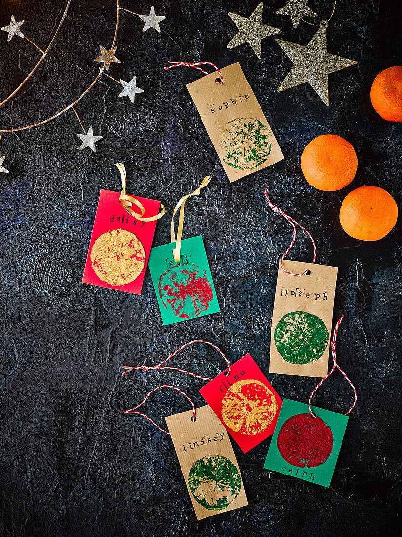 Christmas gift tags printed using clementines
