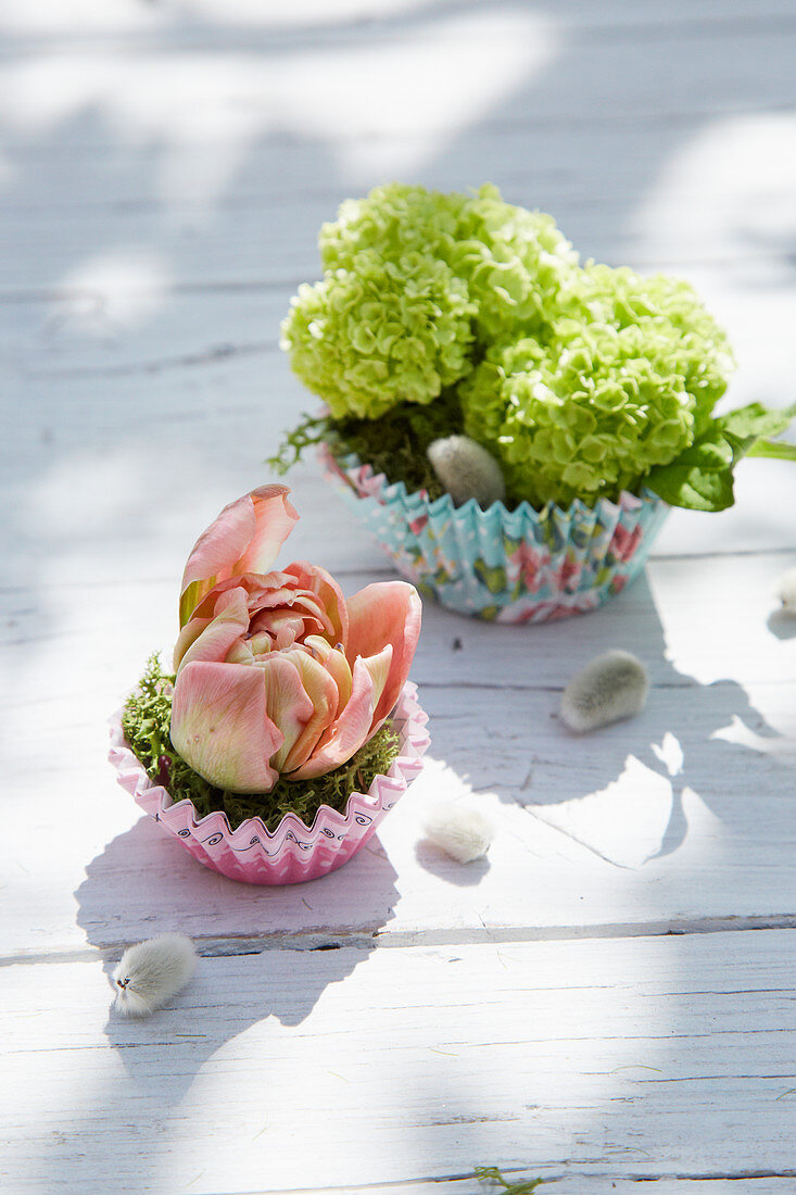 Small spring decoration with hydrangea flowers and tulips in cupcake liners