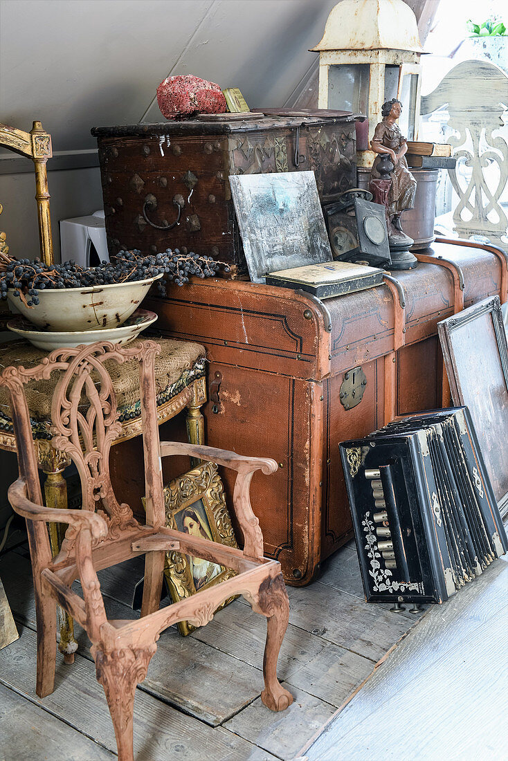 Flea-market finds and antiques below sloping ceiling