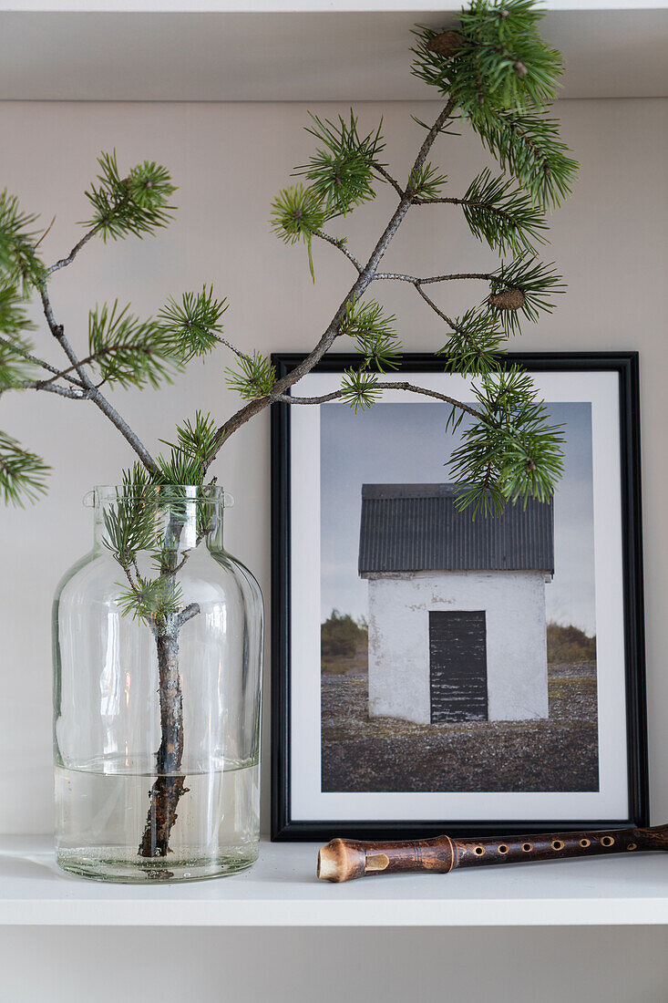 Pine branch in glass jar, picture and recorder on shelf