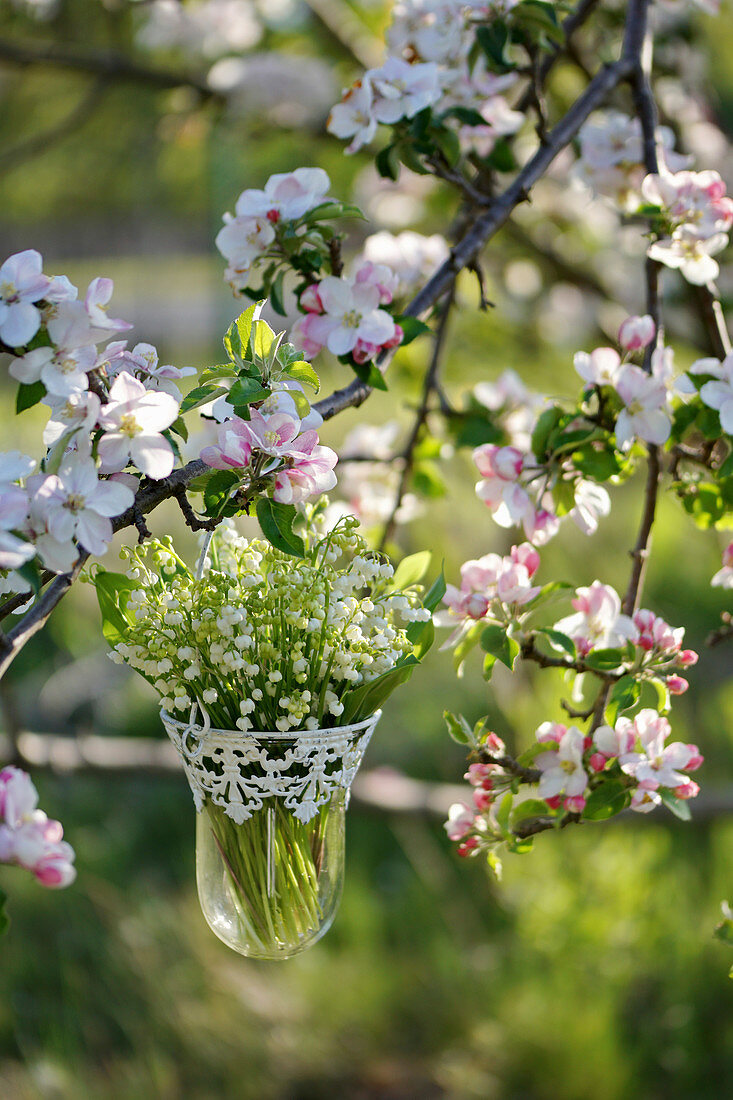 Bouquet of lilies of the valley in a hanging vase hung on a blossoming apple tree