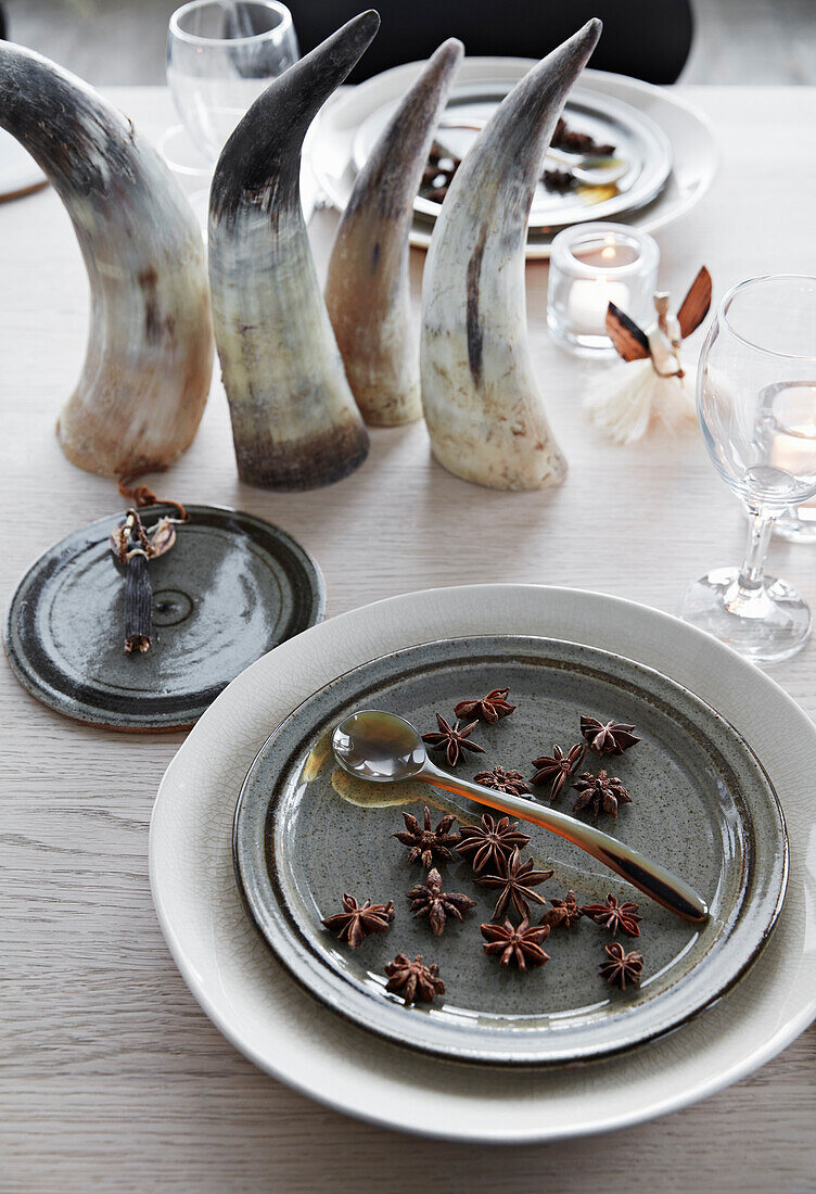 Christmas table with stoneware, star anise, and horns