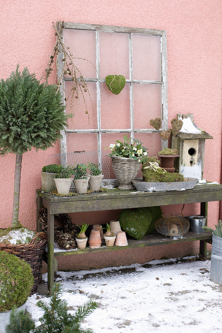 Rustic console with flower pots and nest boxes on the terrace