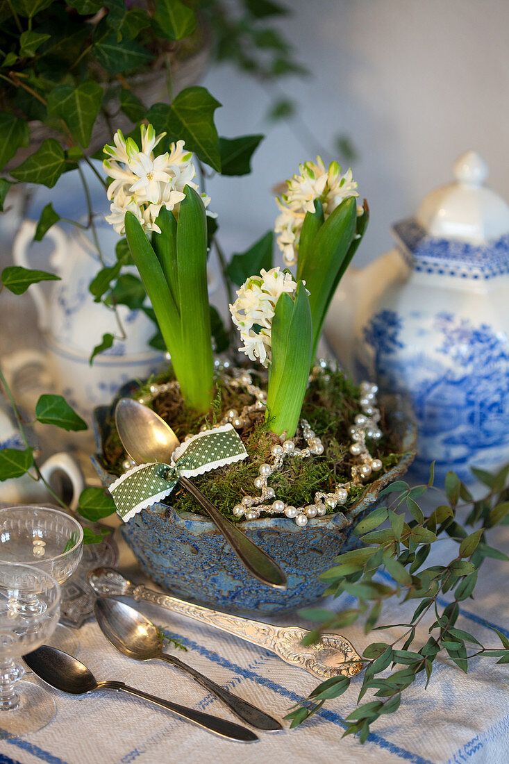Hyacinths with moss and pearl necklaces as a Christmas table decoration