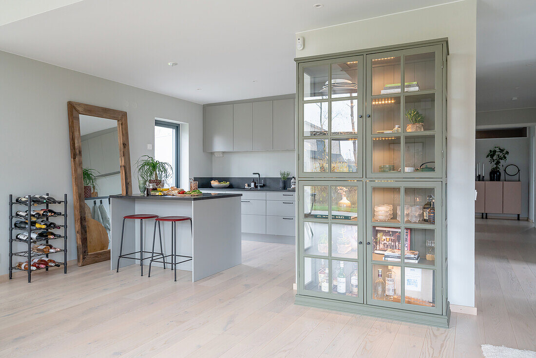 Open living room with display cabinet made of old windows and kitchen