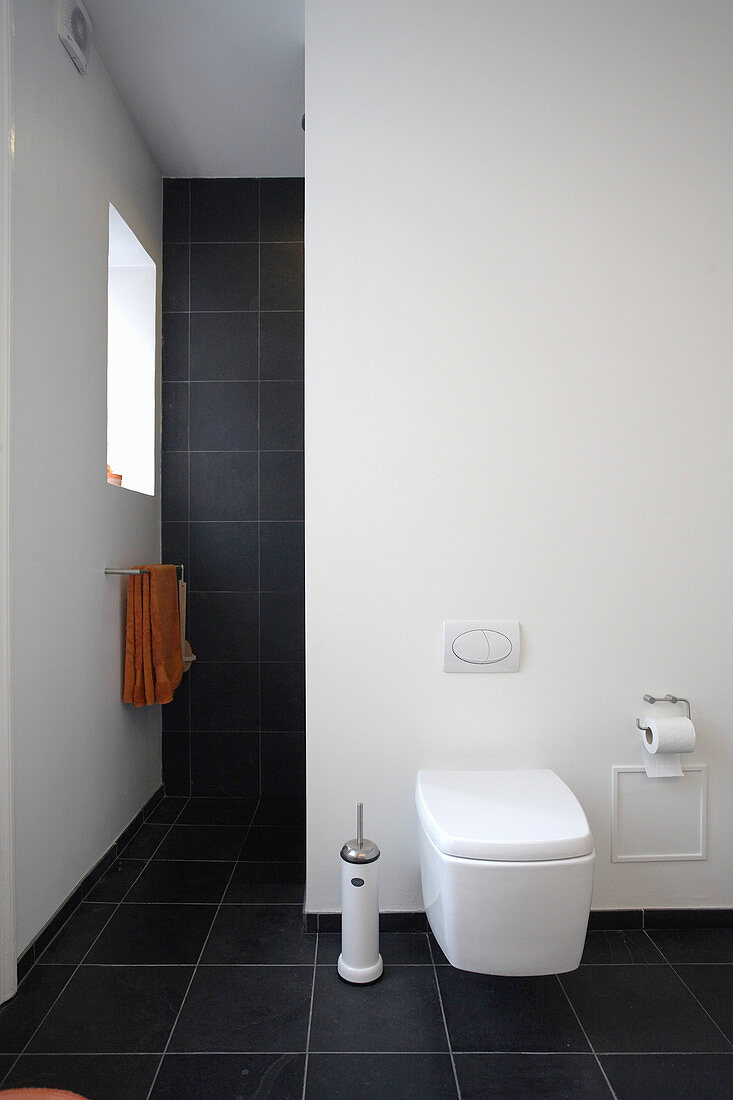 Toilette an weißer Wand, im Hintergrund Handtuchhalter