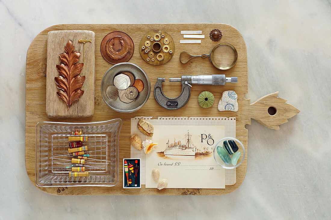 Eclectic collection of desk accessories in copper and brass