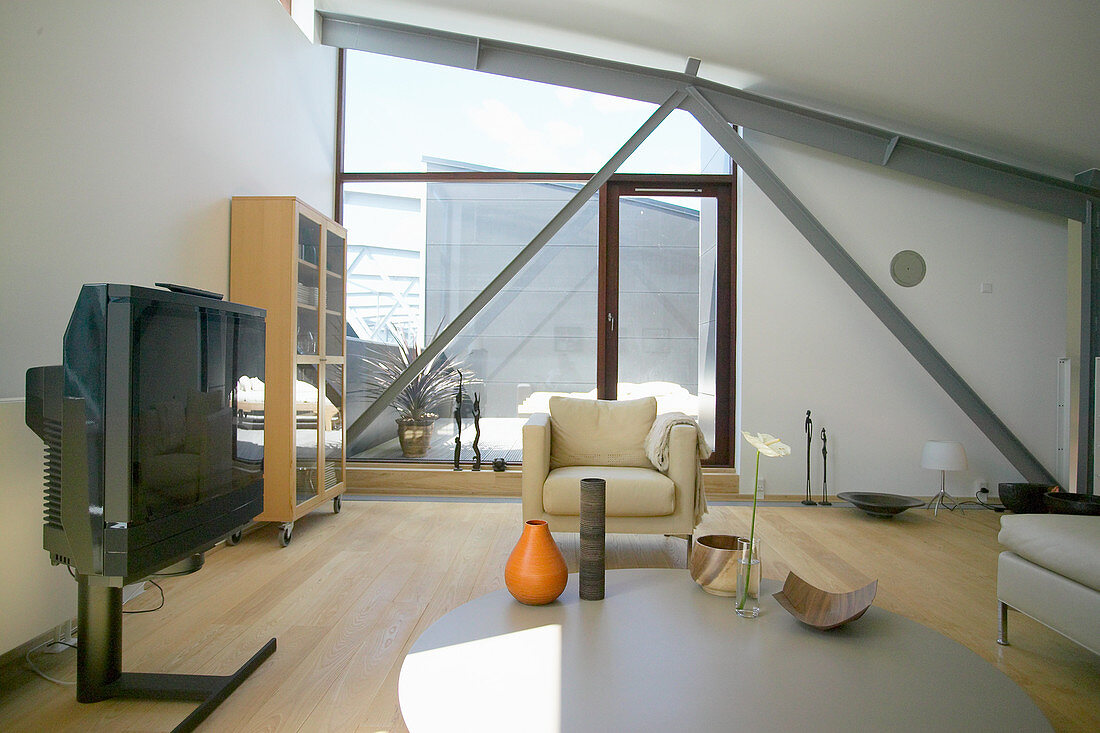 TV room with roof terrace in loft apartment