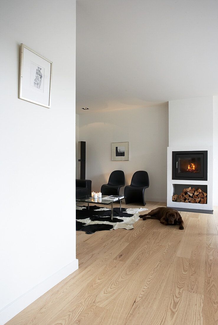 Schwarze Klassikerstühle, Couchtisch auf Tierfellteppich und Hund vor Kamin in offenem Wohnraum