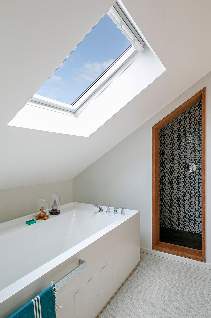 Bathroom with bathtub and skylight