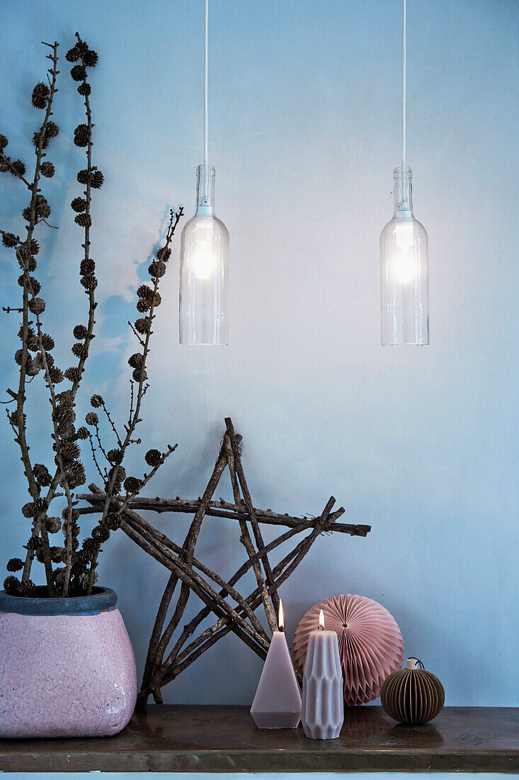 DIY lamps made of bottles, star made of branches and candles
