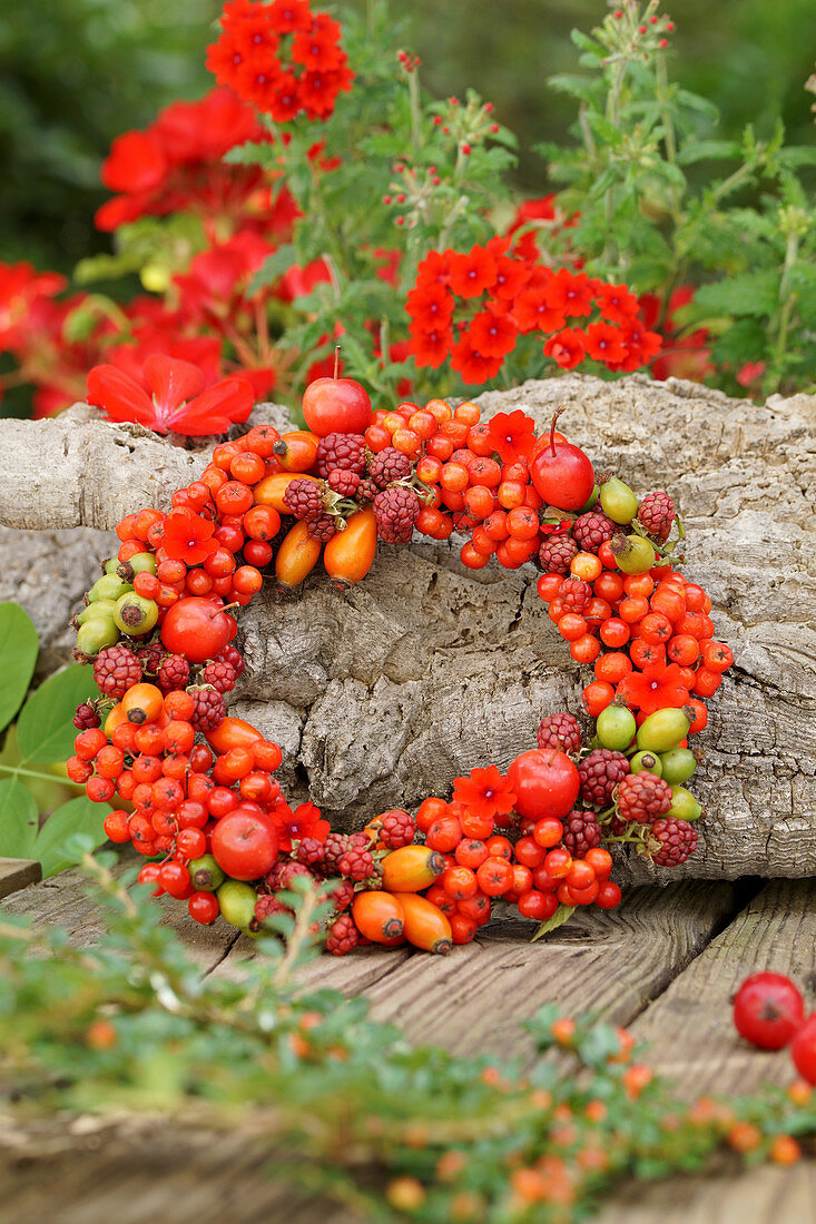 Wreath of berries leaning against tree trunk
