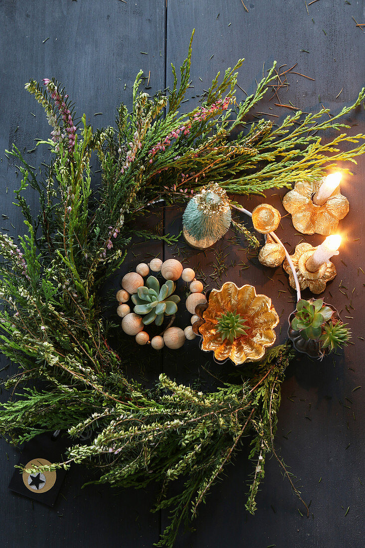 DIY Advent wreath with real succulents and branches