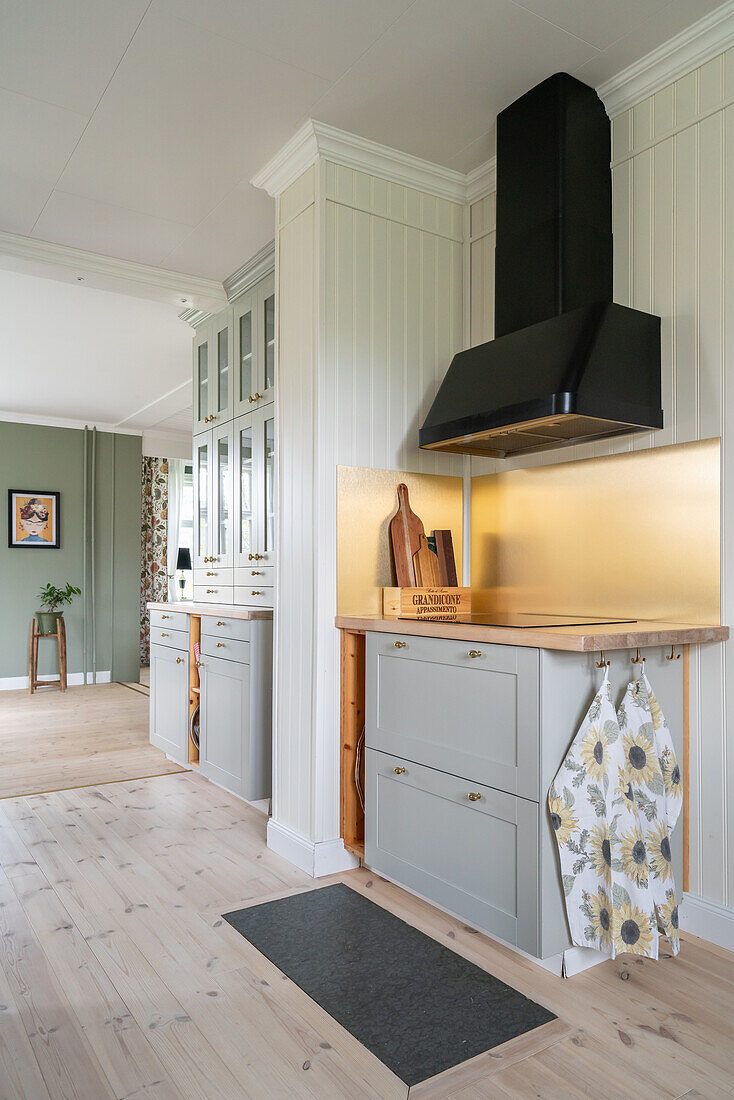 Cooker with range hood in an open country kitchen