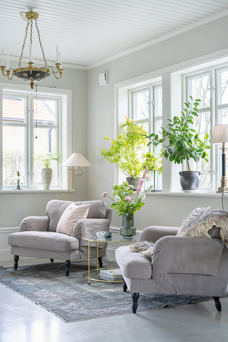 Light grey armchairs and lush plants in bright TV room