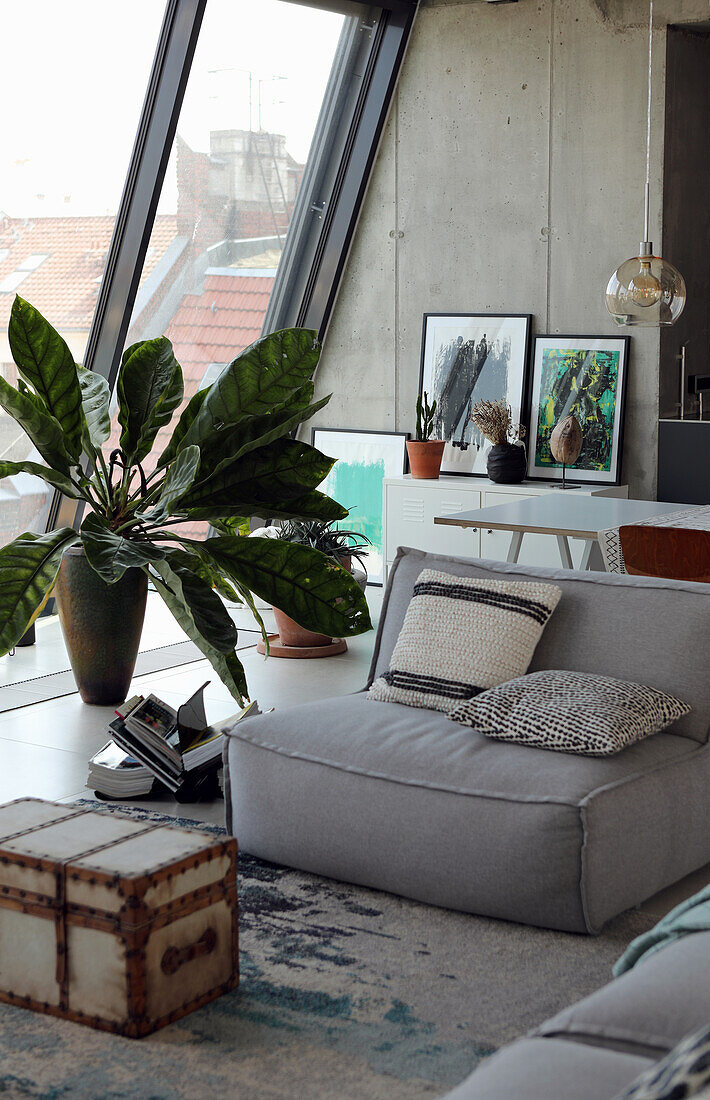Polstersessel, Vintage Truhe und Zimmerpflanze vor Fensterfront in einem Penthouse