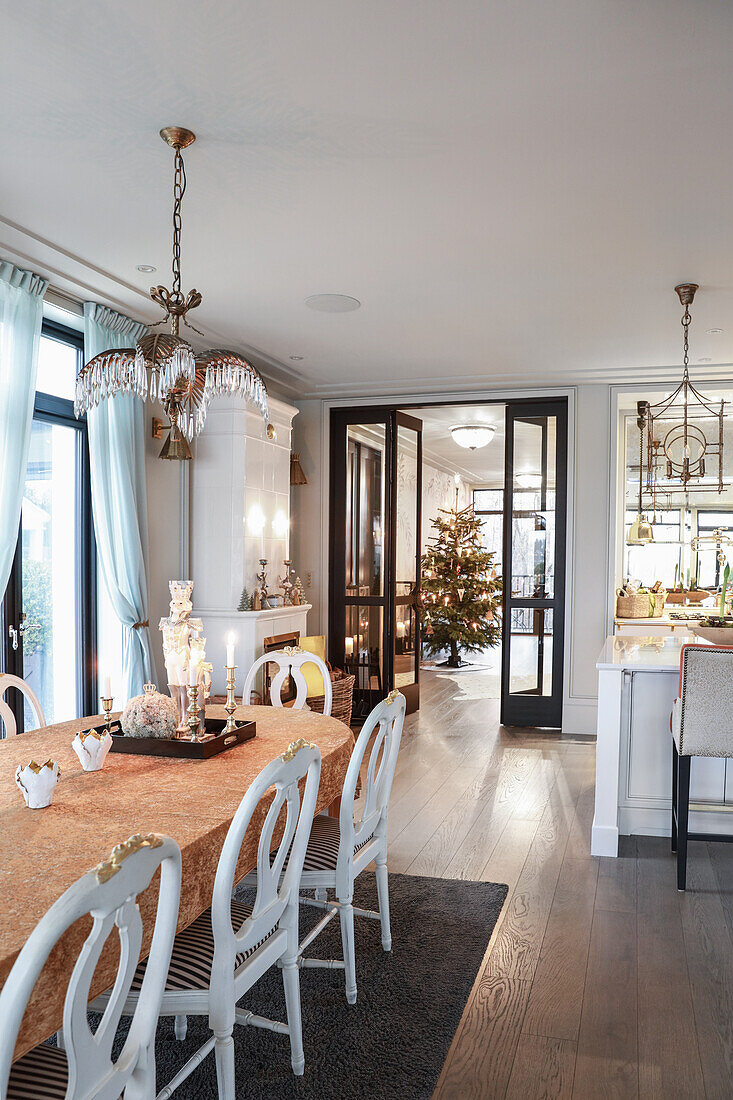 Elegant dining area decorated for Christmas