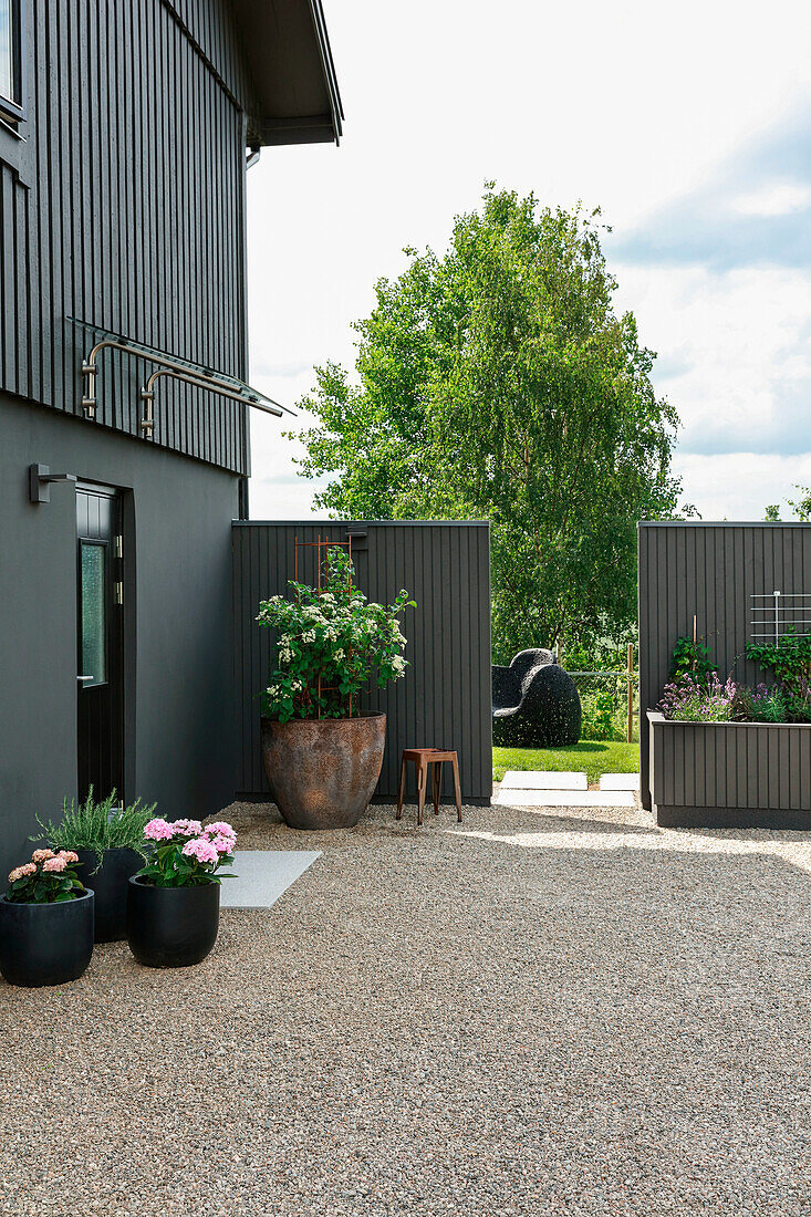 Modern gravel courtyard in grey with screen wall and potted plants