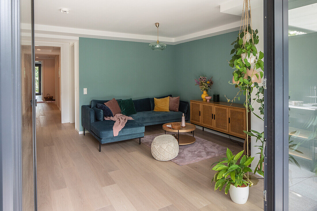Corner sofa, low sideboard, coffee table and potted plants in living room with green walls