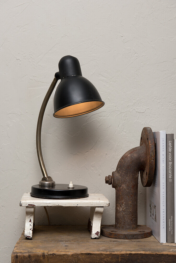 Desk lamp and rusty pipe used as bookend on shelf