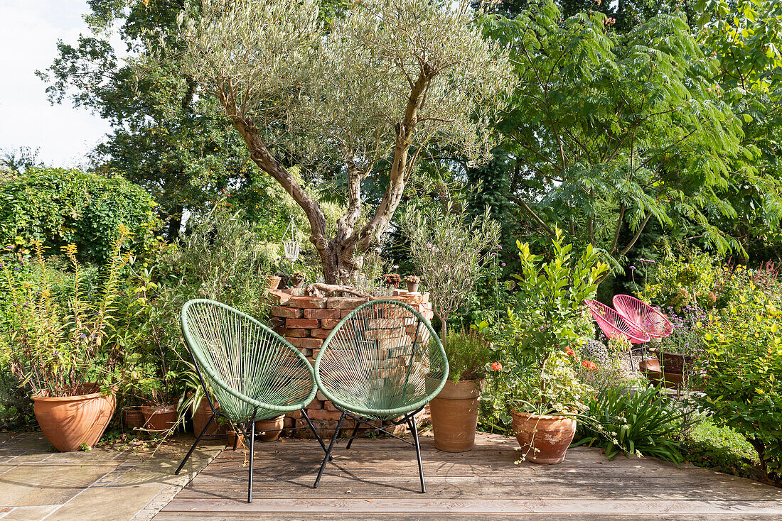 Zwei Stühle auf sonniger Terrasse vor Garten