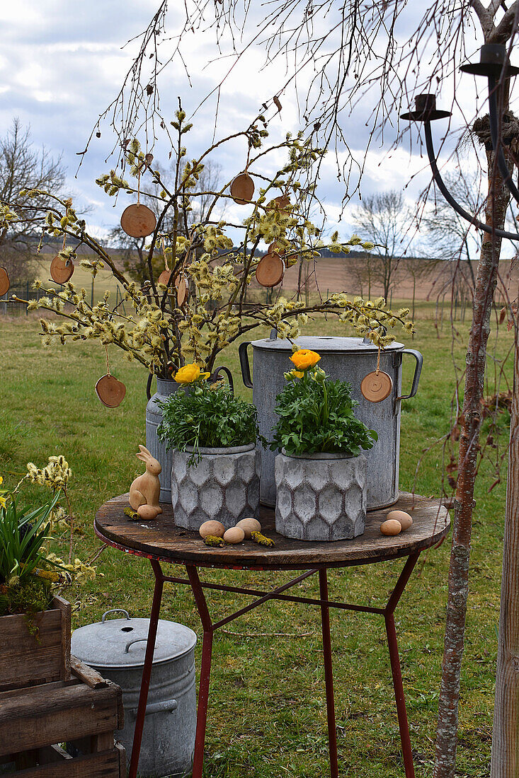 Ländliche Osterdeko auf Tisch im Garten mit Ranunkeln, Strauß aus Weidenkätzchen, Osterhase und Ostereiern