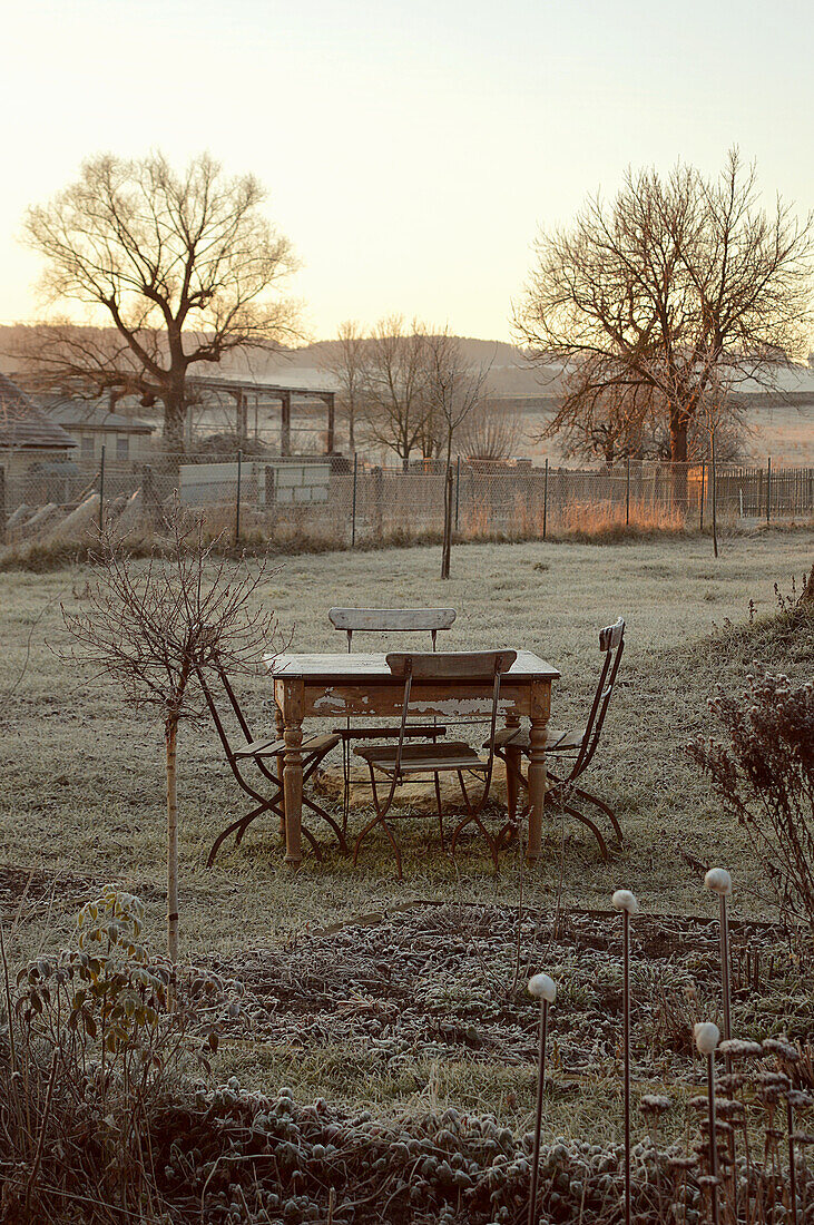 Rustic table and chairs in a winter garden