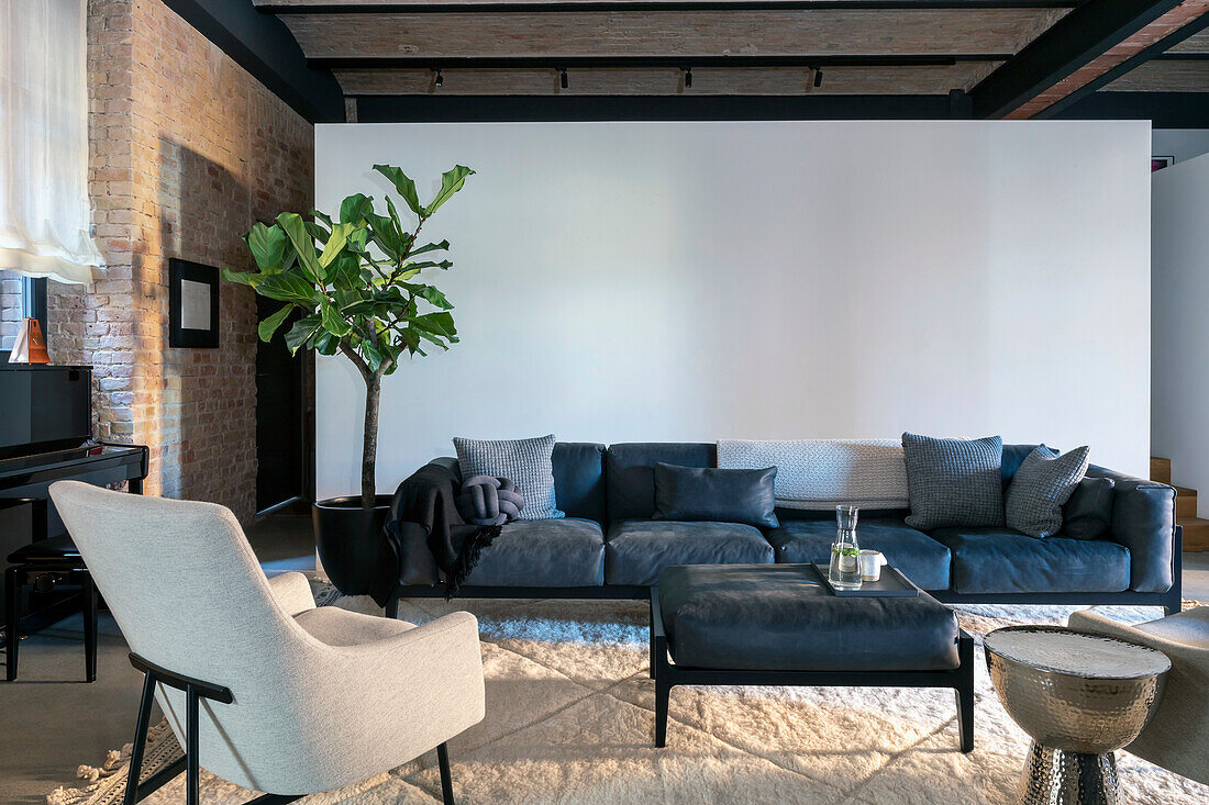 Wohnzimmer mit dunkelblauem Sofa, hellem Sessel und Zimmerpflanze