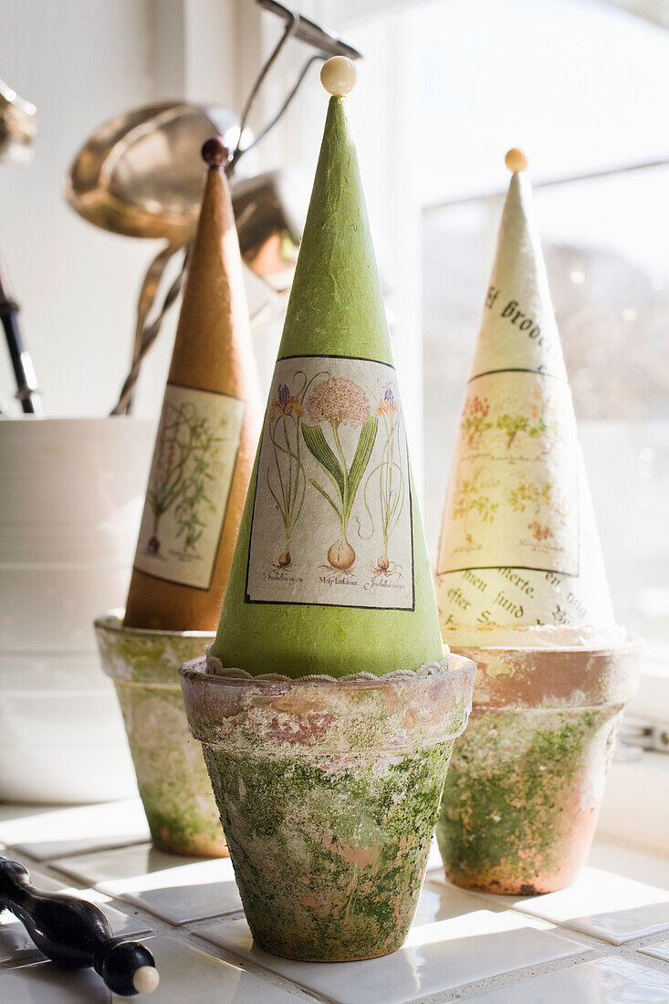 Paper hats with botanical print over terracotta pots