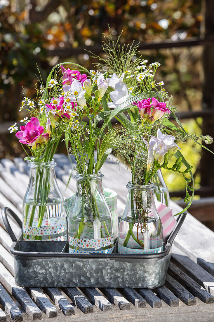 Posies of freesias, chamomile flowers and grasses in glass bottles