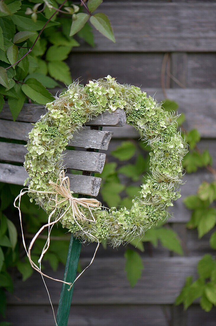 Wreath of hydrangea flowers, wild clematis seeds and sedum on a wire ring