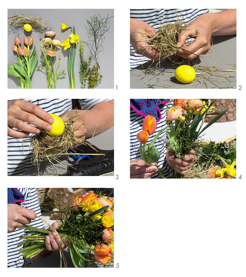 Tying an Easter bouquet of tulips, ranunculus and narcissus