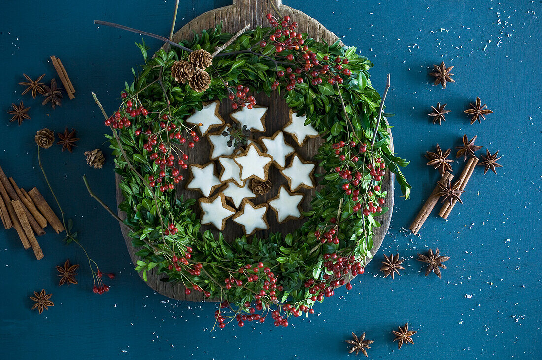 Selfmade Advent wreath, box twigs, rosehip, star anise, cinnamon sticks, walnuts and almonds