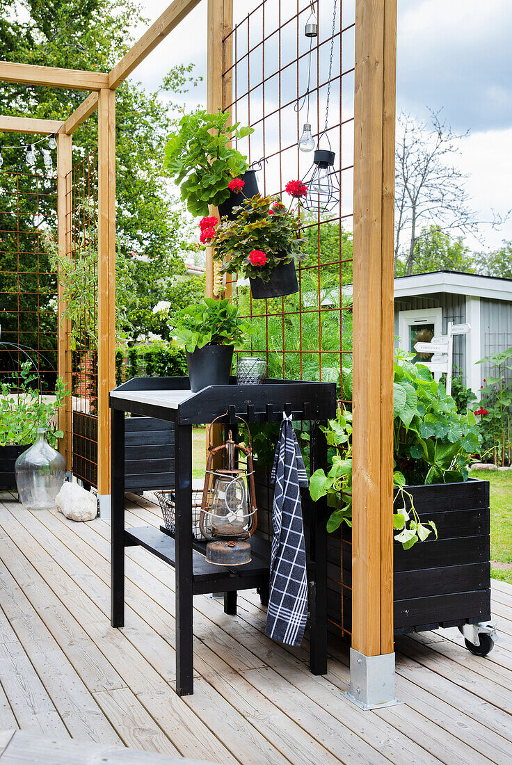 Black table and geraniums on wooden terrace with pergola