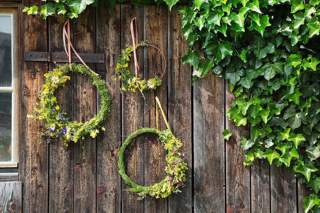 DIY flower wreaths made of wildflowers on a wooden wall next to ivy