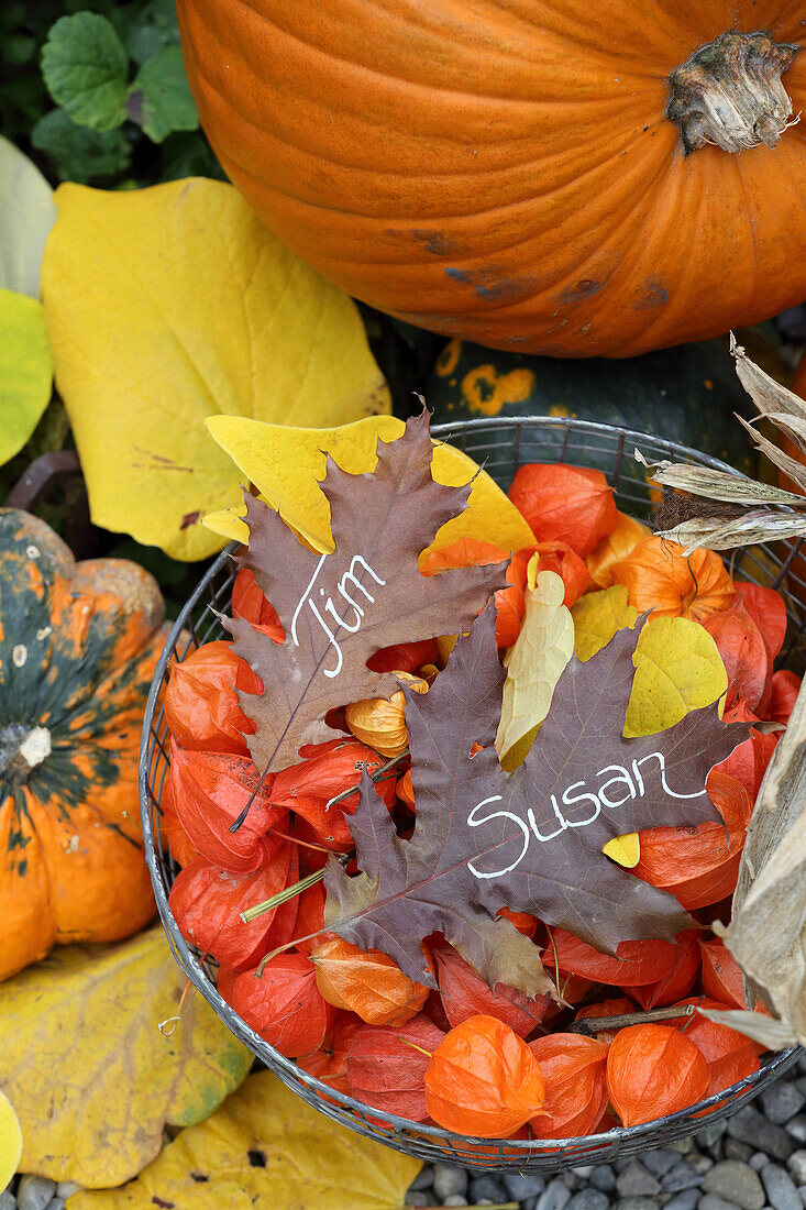 Basket of physalis and name tags made from autumn leaves