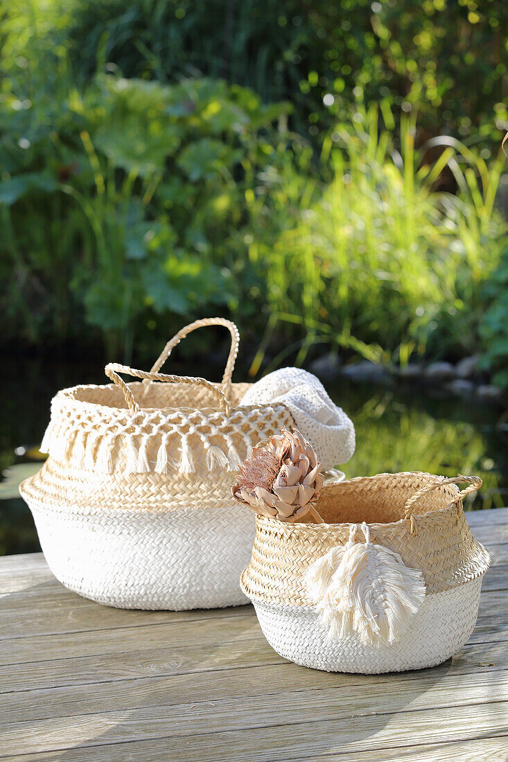 Sea grass baskets decorated with macramé