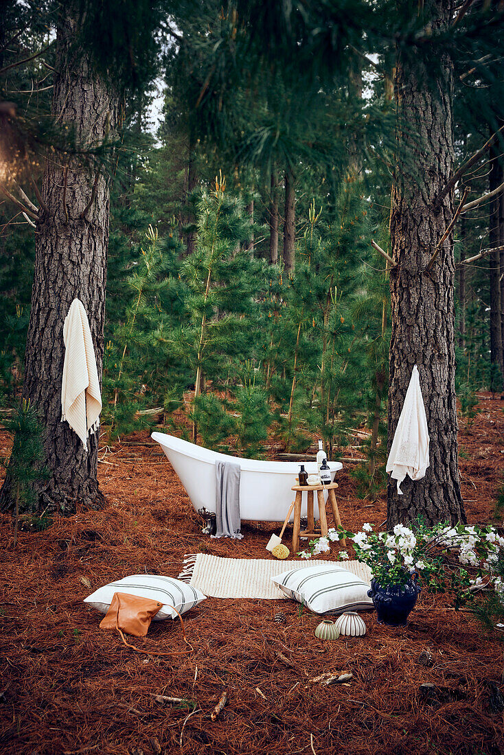 Bath tub, wooden stool with bath additive, carpet and cushion on forest floor - gift idea for wellness