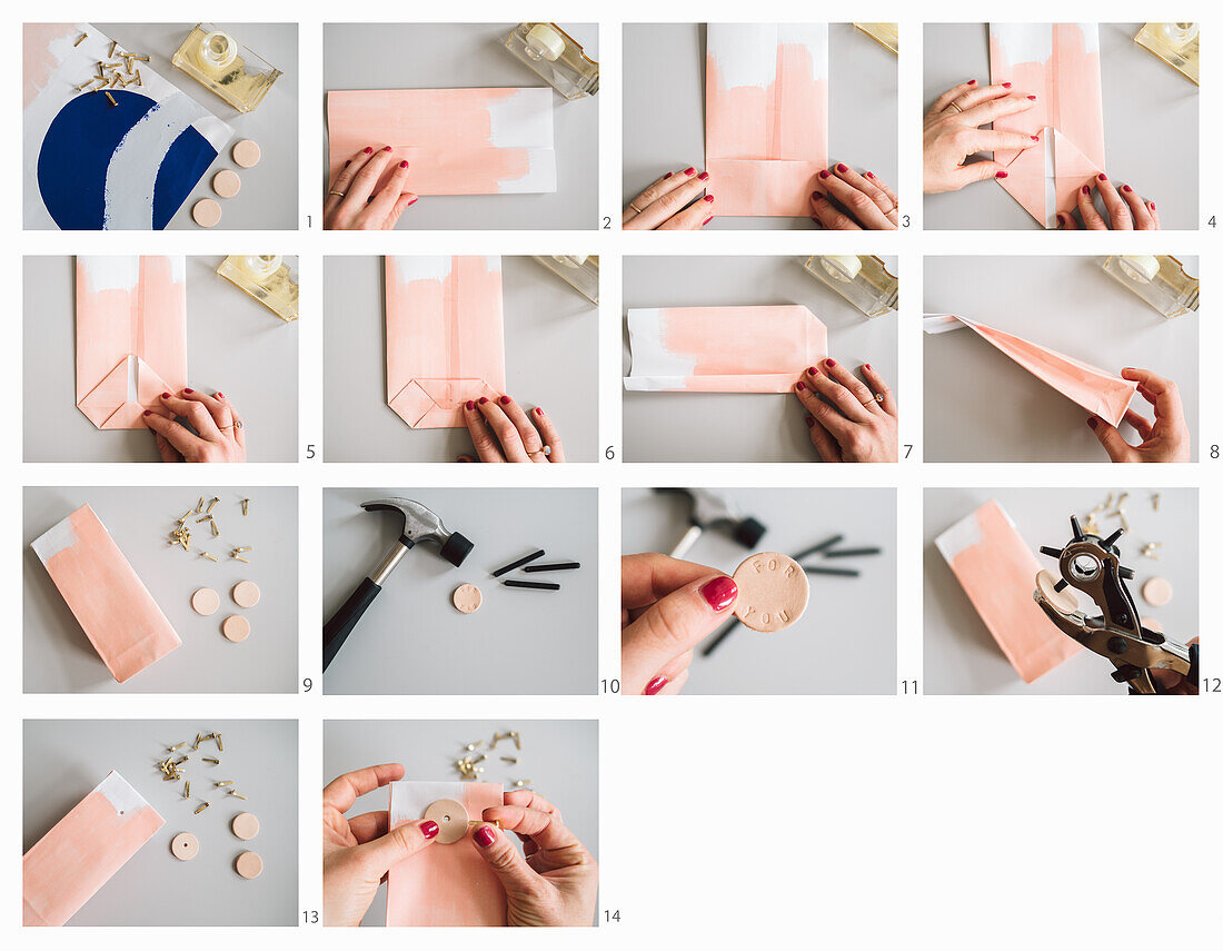 Instructions for making paper gift bags with leather buttons