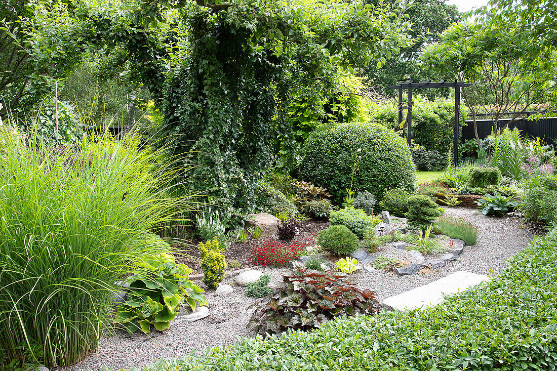 Vielfältig bepflanztes und gepflegtes Gartenbeet mit Kiesweg und Pergola