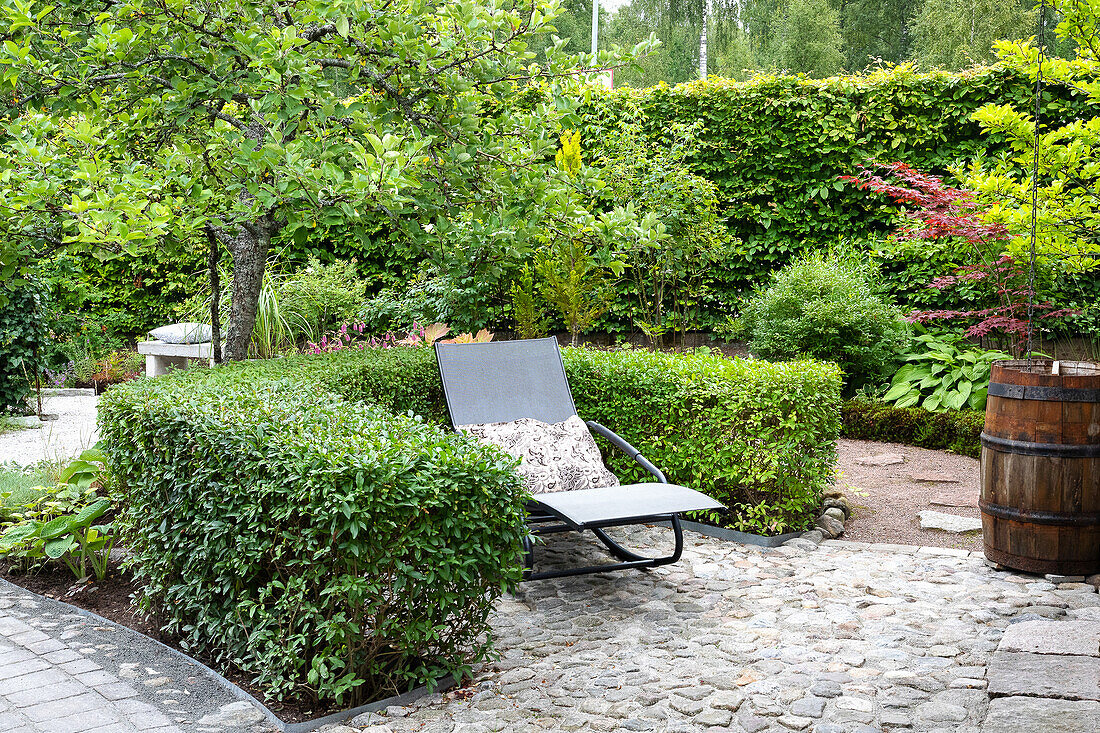 Deckchair in a well-tended garden with hedges