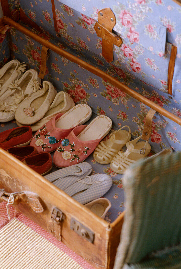 child's shoes in old leather suitcase