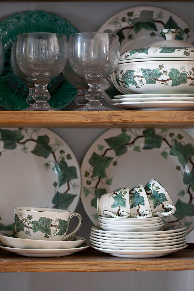 Sammlung von grünem und weißem Geschirr mit Blattmuster auf einem Holzregal