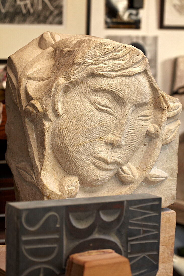 Plaster cast sculpture of female face in artist's studio Brighton Sussex, UK