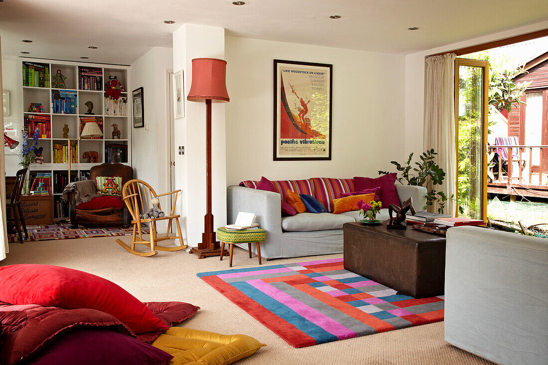 Colourful living room interior of houseboat in Richmond upon Thames, England, UK