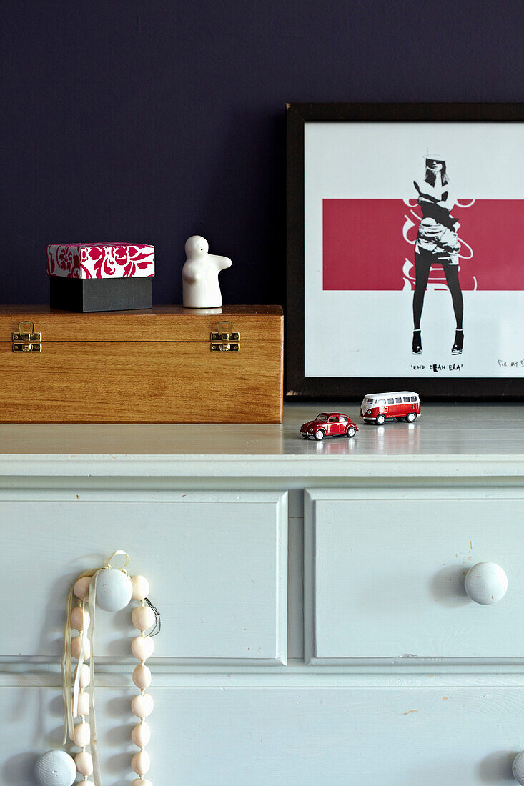 Modern art and jewellery box on chest of drawers in Brighton townhouse, Sussex, England, UK