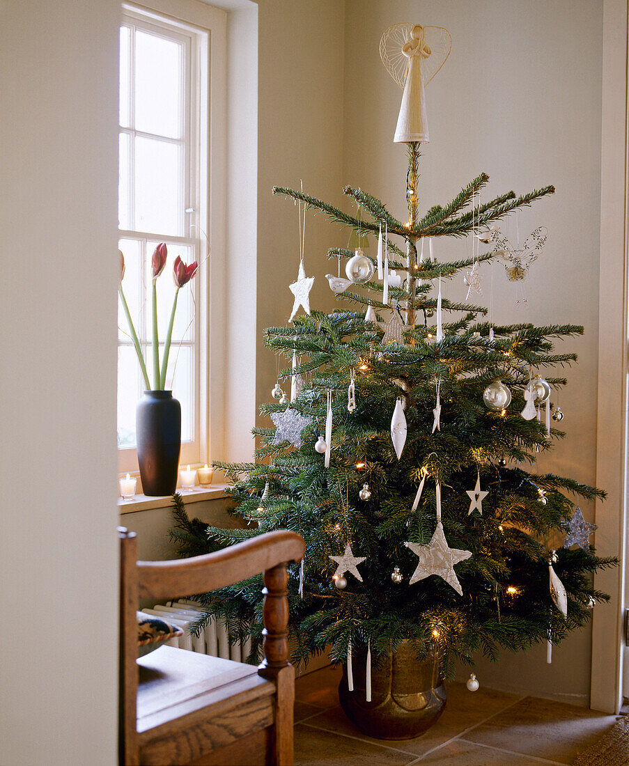 Geschmückter Weihnachtsbaum in einer Zimmerecke