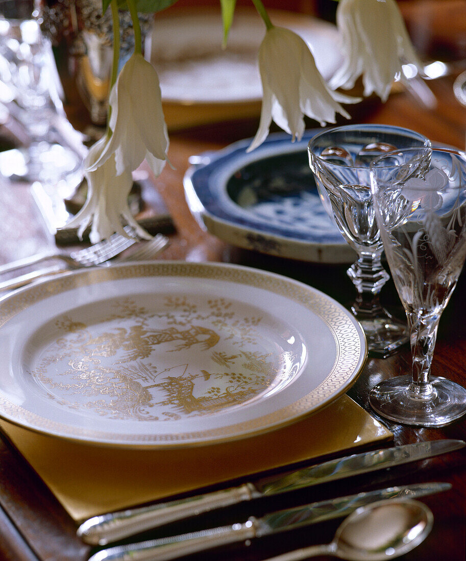 Dinner place setting with willow pattern plates
